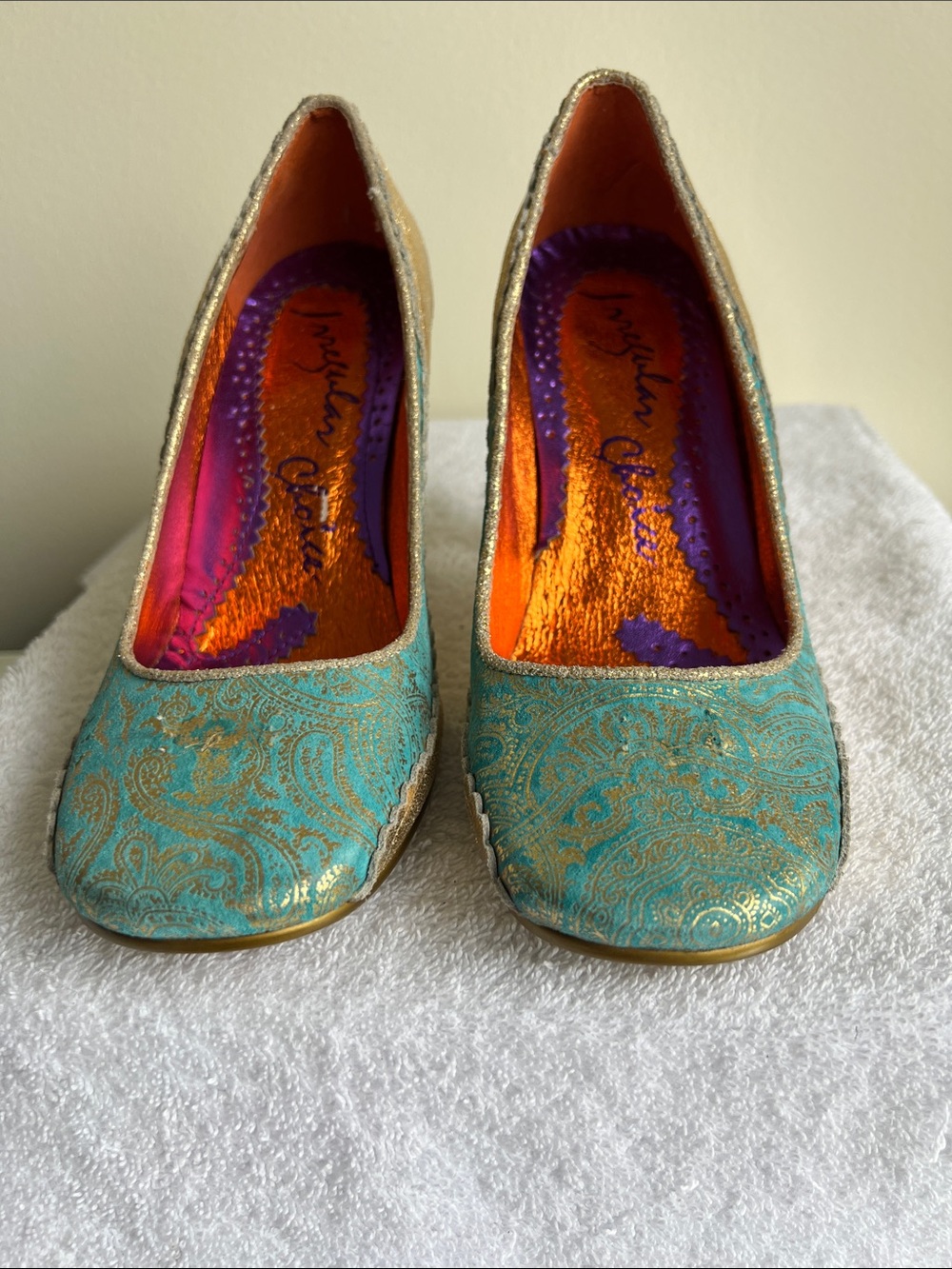 Irregular Choice Teal and Gold Paisley Heels
